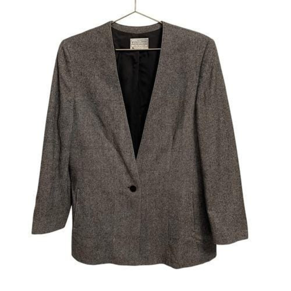 Miss Pendleton Wool Blazer Grey Herringbone Windowpane Collarless Jacket USA
